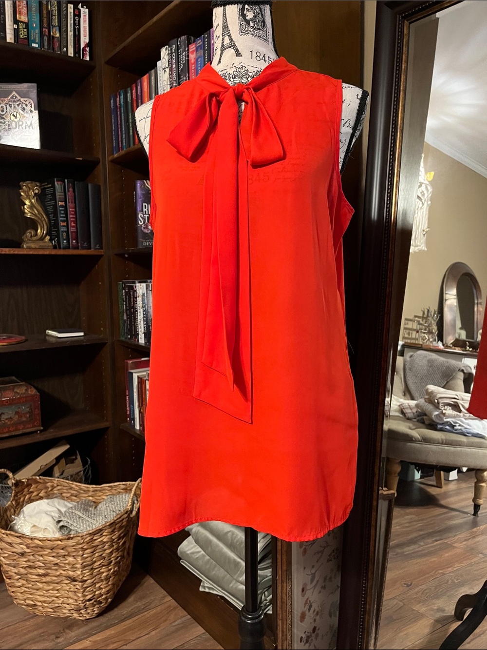 Sleeveless Red Tie-Neck Blouse
